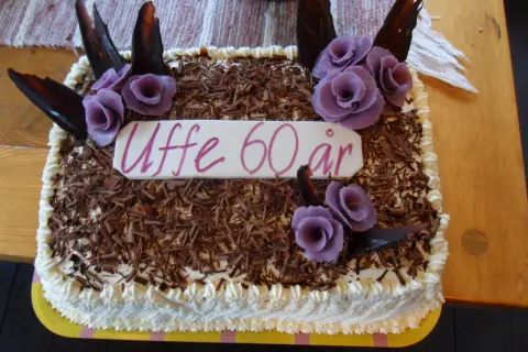 En tårtbotten i långpanna dekorerad med chokladspån, lila rosor och texten "Uffe 60 år".