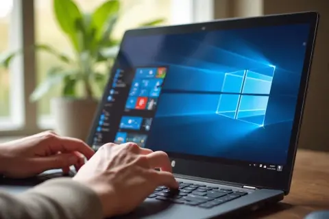 Dłonie piszące na laptopie z widocznym logo Windows 10 na ekranie.