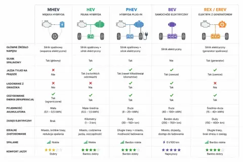 Porównanie rodzajów hybryd: MHEV, HEV, PHEV, BEV, REX/EREV. Tabela przedstawia kluczowe cechy, zastosowanie i osiągi.
