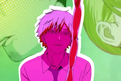 Ein Mann mit pinker Haut und zerzaustem Haar, der auf eine blutige Stange blickt. Im Hintergrund eine Frau mit grünen Haaren. Ein Vorgeschmack auf Chainsaw Man Staffel 2.