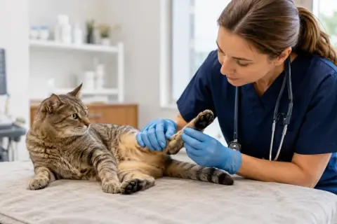 Veterinarian in blue scrubs and gloves gently examines a tabby cat's back legs on an examination table.