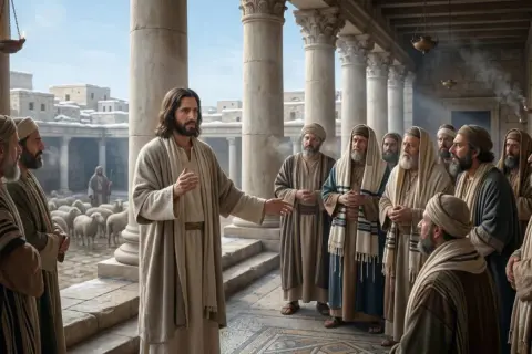 Jesus lehrt seine Jünger, wie in Johannes 5,30 beschrieben. Er steht vor einer Gruppe von Männern, während Schafe im Hintergrund grasen.