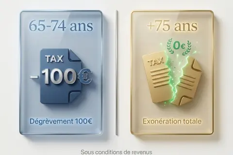 Pour les 65-74 ans, dégrèvement de 100€ sur la taxe. Pour les +75 ans, exonération totale de taxe foncière 2026 sous conditions.
