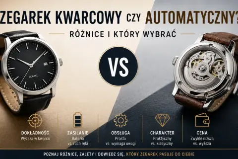 Elegancki zegarek kwarcowy z czarną tarczą i skórzanym paskiem obok mechanizmu automatycznego. Porównanie zegarków.