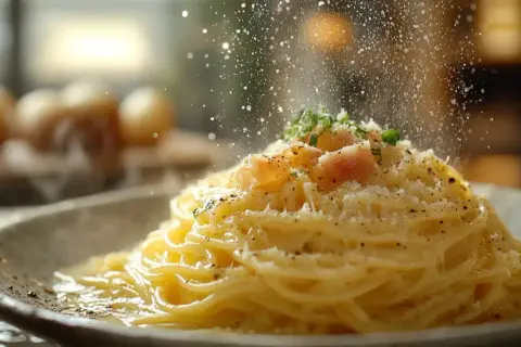 Pyszna carbonara z chrupiącym boczkiem, posypana parmezanem i świeżą natką. Idealny boczek do carbonary to klucz do sukcesu.