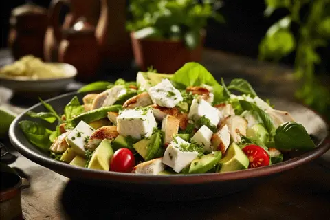 En lyxig kycklingsallad med avokado, fetaost och körsbärstomater. Ett perfekt recept för en lätt och smakrik måltid.