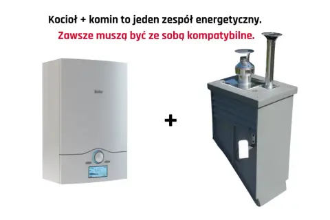 Nowoczesny kocioł i szary wkład do komina, tworzące spójny system energetyczny.