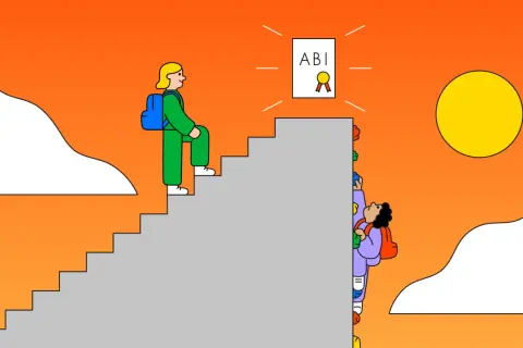 Schüler erklimmen eine Treppe zum Abitur. Eine Person ist bereits oben, während andere kämpfen, was soziale Ungleichheit im Bildungssystem symbolisiert.
