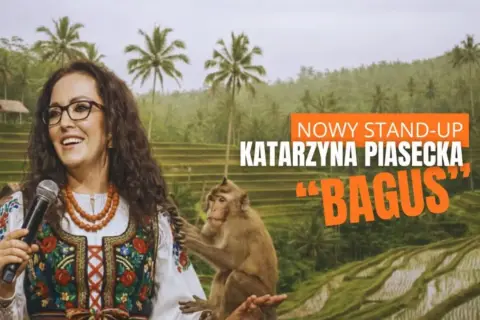Katarzyna Piasecka w nowym stand-upie "Bagus" z małpką na ramieniu, na tle tarasowych pól ryżowych.