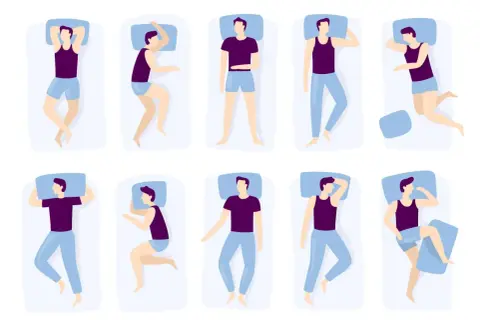 Ten illustrations show different sleeping positions, from fetal curl to starfish.
