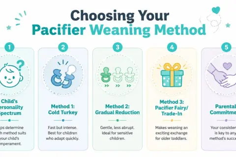 Choosing your pacifier weaning method: Child's personality, cold turkey, gradual reduction, pacifier fairy, and parental commitment are key to avoiding long term effects of pacifier use.