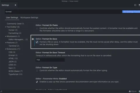 Paramètres VS Code : l'option "Format On Save" est activée, formatant automatiquement le fichier lors de son enregistrement.
