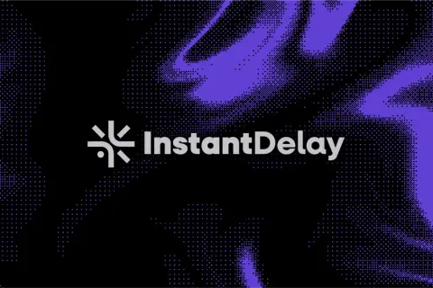 The "InstantDelay" logo appears on a black background with purple pixelated abstract shapes. This visual suggests a focus on minimizing streaming latency.