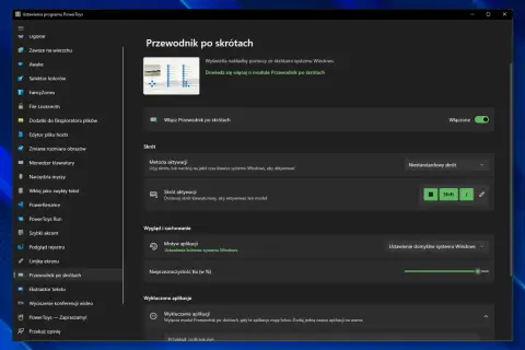 Ustawienia programu PowerToys: moduł Przewodnik po skrótach pozwala na wyświetlanie podpowiedzi ze skrótami klawiszowymi systemu Windows.