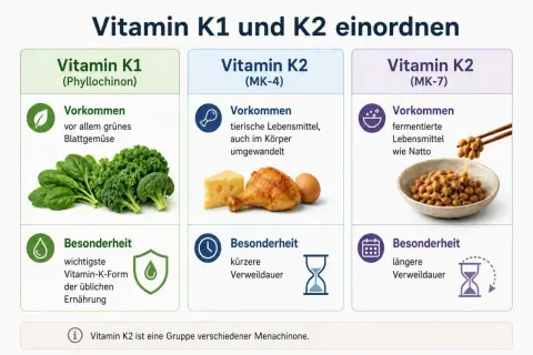 Vitamin K1 aus grünem Gemüse, K2 (MK-4) aus tierischen Lebensmitteln und K2 (MK-7) aus fermentierten Lebensmitteln wie Natto.
