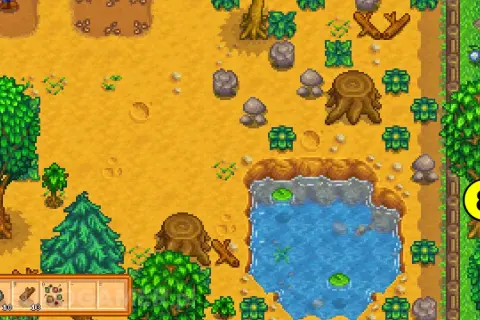Stardew Valley poradnik: farma z drzewami, kamieniami, stawem i ikoną "8".