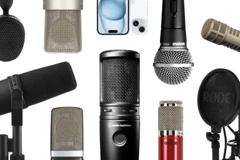 Verschiedene Mikrofone für Gesang und Aufnahme, darunter ein Shure SM7B und ein Audio-Technica.