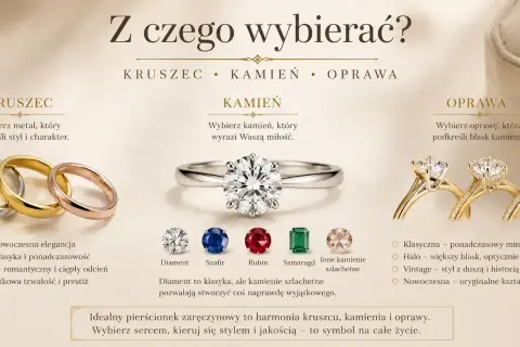 Idealny pierścionek zaręczynowy to harmonia kruszcu, kamienia i oprawy. Wybierz sercem, kierując się stylem i jakością – to symbol na całe życie.