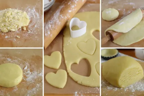 Preparazione di biscotti di pasta frolla a forma di cuore. L'impasto viene steso e tagliato con un coppapasta.