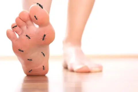 Un pied est envahi par des fourmis, créant une sensation de fourmillement.