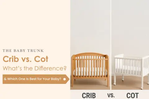 A wooden crib and a white cot are shown side-by-side, with text asking "Crib vs. Cot: What's the Difference?".