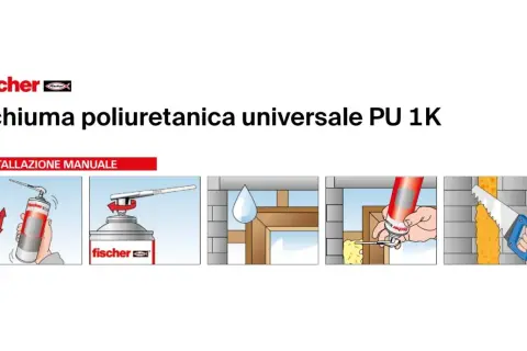 Illustrazione di come usare la schiuma poliuretanica Fischer: agitare, avvitare l'ugello, inumidire, applicare e tagliare l'eccesso. Si può stuccare sulla schiuma poliuretanica una volta indurita.
