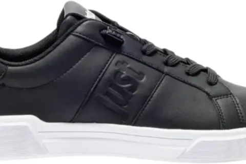 Sneakers cavalli uomo nere in pelle, con logo "Just" in rilievo e suola bianca. Stile casual e moderno.