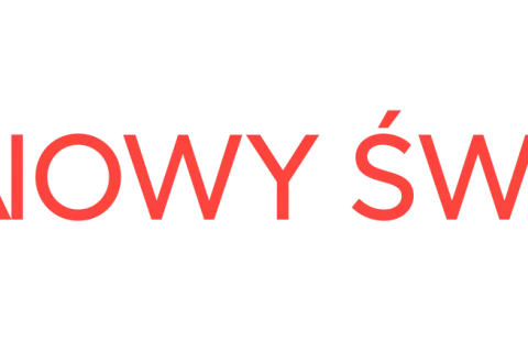 Logo Radia Nowy Świat: czerwone pionowe linie symbolizujące fale dźwiękowe i napis "RADIO NOWY ŚWIAT" w kolorze czerwonym.