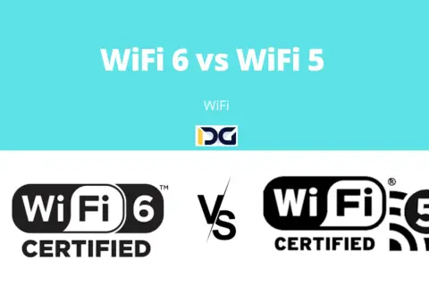 Porównanie WiFi 6 i WiFi 5. Logo WiFi 6 po lewej, WiFi 5 po prawej, z symbolem "vs" pośrodku.