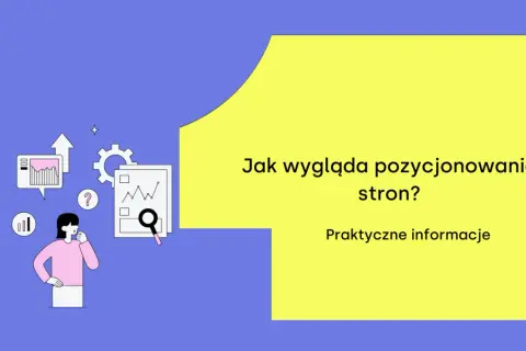 Ilustracja wyjaśnia, na czym polega pozycjonowanie stron. Widzimy schematyczne wykresy, lupę i postać zastanawiającą się nad analizą danych.