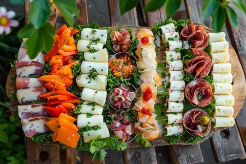Plateau généreux pour un apéritif provençal : fromages roulés, charcuteries fines, poivrons colorés et olives.