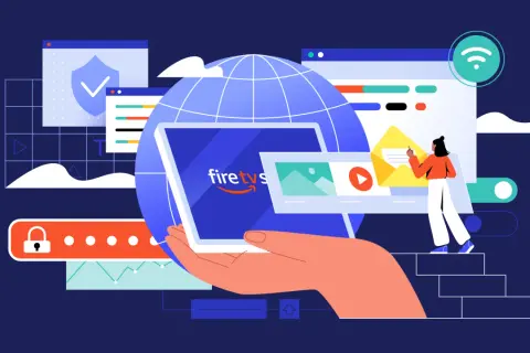 Mano sostiene tablet con logo Fire TV, rodeado de elementos digitales como un globo terráqueo, ventanas de navegador, un candado y una persona interactuando con un email.