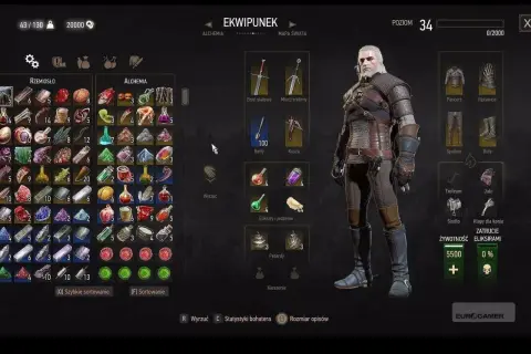 Geralt z Rivii w ekwipunku Wiedźmin 3 Krew i Wino. Widoczne przedmioty rzemiosła, alchemii, eliksiry i jedzenie.