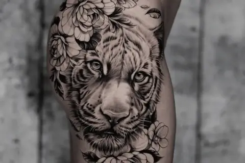 Ein beeindruckendes **ganzer Arm Tattoo Frau**: ein realistischer Tigerkopf umrahmt von üppigen Blumen und Blättern.