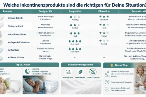 Die Tabelle zeigt, was zahlt die Krankenkasse an Inkontinenzmaterial. Sie vergleicht Produkte, Saugstärke, Diskretion und Besonderheiten.