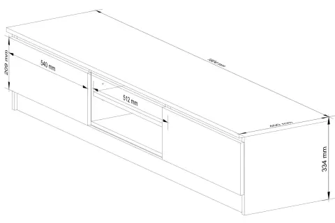 Rysunek techniczny szafki RTV. Wymiary: 1604x400x334 mm. Wysokość szafki RTV to 334 mm.