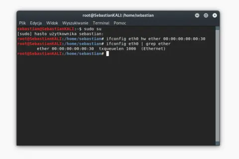 Terminal pokazuje, jak sprawdzić adres MAC karty sieciowej eth0. Komenda `ifconfig eth0 | grep ether` wyświetla adres MAC.