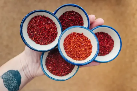 Dłoń trzyma cztery małe miseczki z płatkami papryki do kimchi.