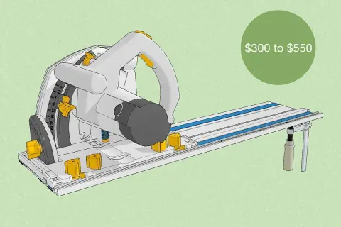 A circular saw with a track system, capable of cutting tile, priced between $300 and $550.