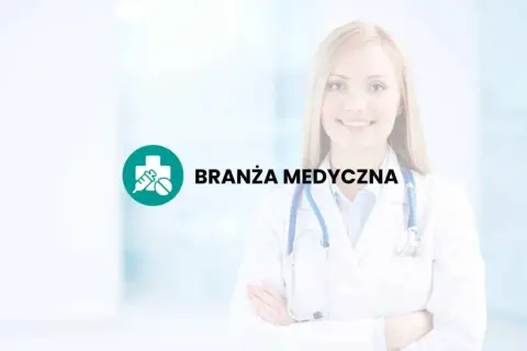 Uśmiechnięta lekarka w białym fartuchu ze stetoskopem, obok ikona medyczna i napis "Branża Medyczna".
