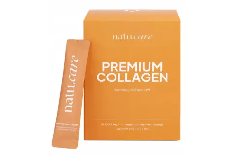 Pomarańczowe opakowanie i saszetka z napisem "PREMIUM COLLAGEN" zawierają hydrolizat kolagenu rybiego o smaku mango-marakui.