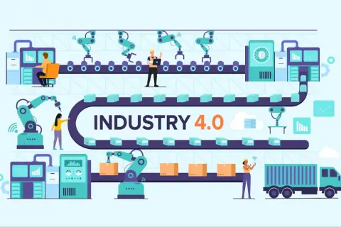 Automatyzacja i robotyzacja w nowoczesnych zakładach. Ilustracja przedstawia kluczowe elementy procesu produkcyjnego w erze Industry 4.0.