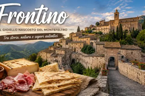 Borgo medievale di Frontino, gioiello nascosto del Montefeltro, con vista su colline verdi e un banchetto di salumi, formaggi e piadine.