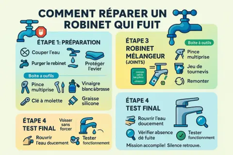 Guide illustré pour réparer un robinet de salle de bain qui fuit. Étapes : préparation, robinet mélangeur, et test final.