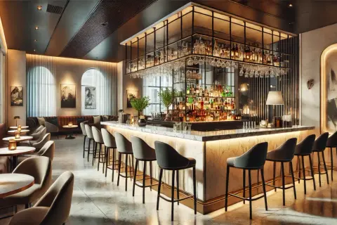 Elegante arredamento ristorante moderno con bancone bar illuminato, sgabelli in pelle e tavolini accoglienti.