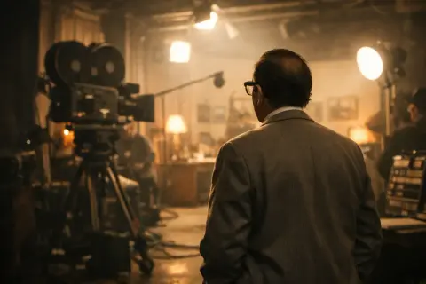 Gigi Reder, con occhiali e giacca, osserva un set cinematografico con cinepresa d'epoca e luci soffuse.