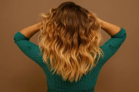 Chevelure blonde aux reflets cuivrés, formant une douce mini vague cheveux.