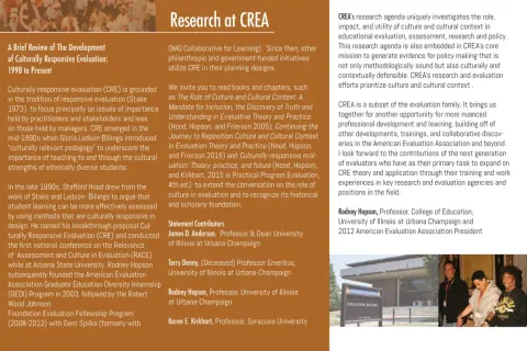CREA's research agenda explores culturally responsive evaluation, a key area within their art programs.