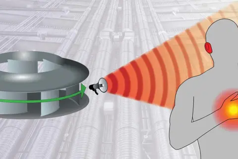 En fläkt som avger ljudvågor mot en person. En fan controler kan reglera detta.