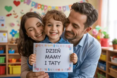 Uśmiechnięta rodzina świętuje Dzień Mamy i Taty. Dziecko trzyma kartkę z napisem "DZIEN MAMY I TATY".